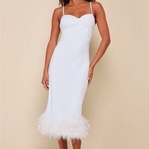 Lulu’s Elegant White Feather Trim Dress